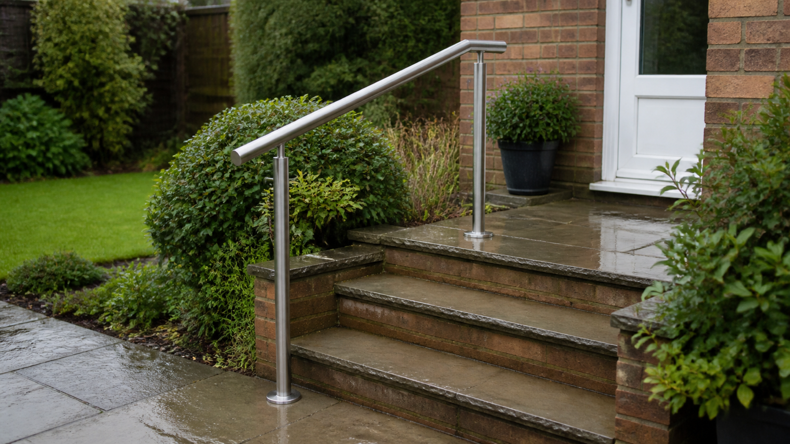 A brushed stainless-steel handrail beside wet stone garden steps at a British home.